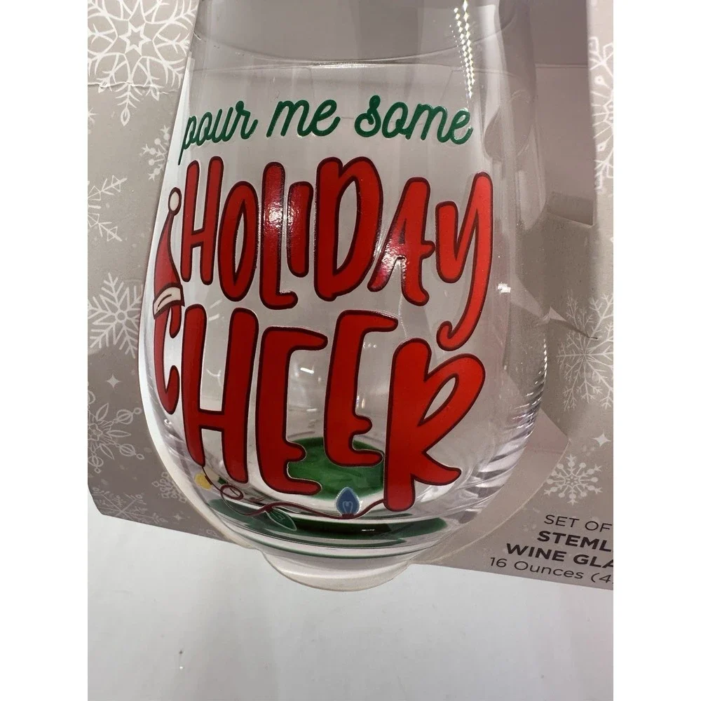 Merry Makers‎ Holiday Stemless Wine Glasses Set of 2 Christmas Sayings 16oz
